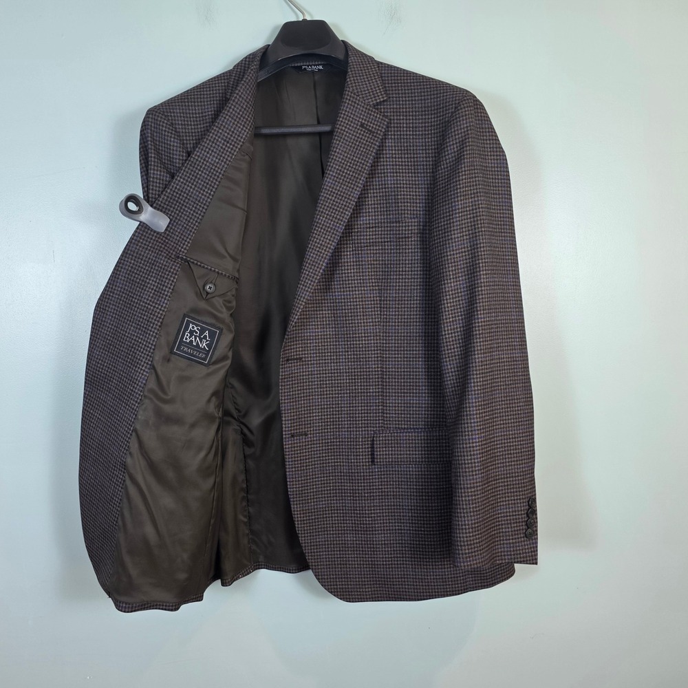 Jos A Bank Traveler Jacket 46L Mens Brown Blue Houndstooth 100% Wool Blazer 46 L